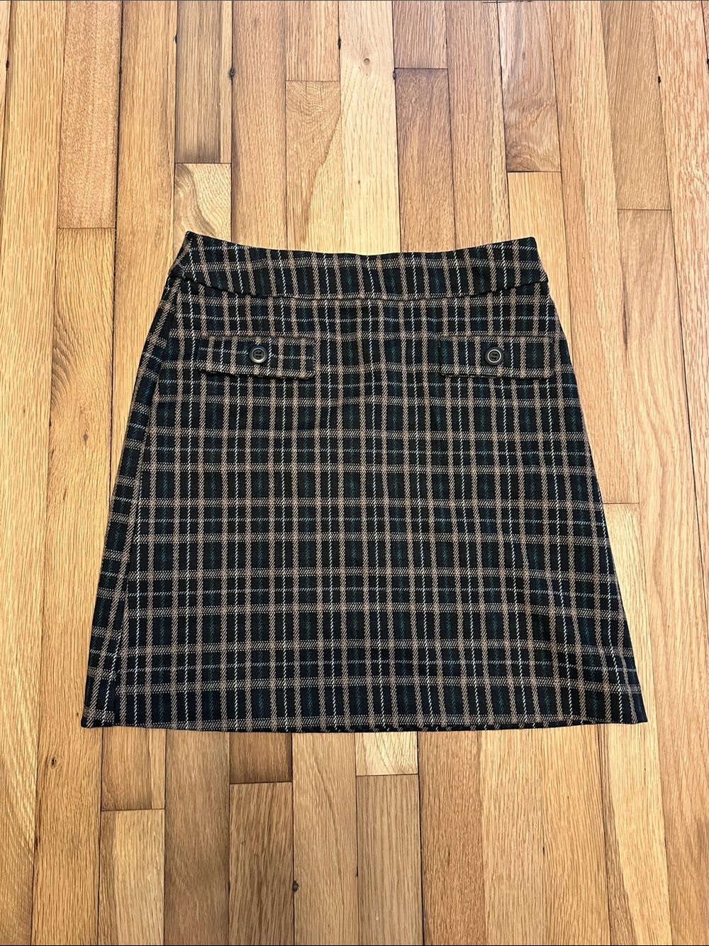 Plaid Mini Skirt in Black and Brown with Button-Flap Details